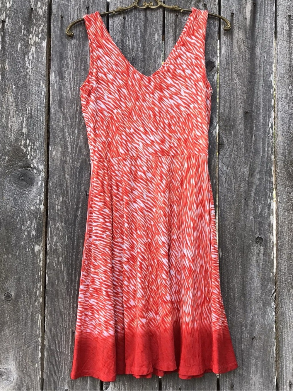 Athleta Dreamin’ Dress Starfish Orange Reef Print Sleeveless Fit Flare Dress Med